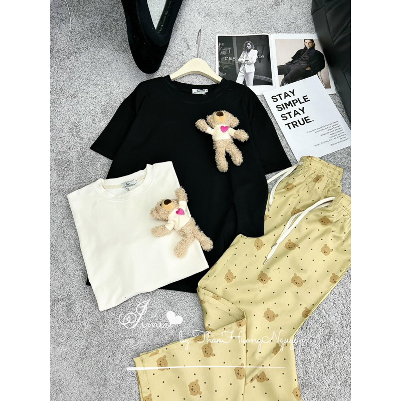 SET BỘ ÁO TRƠN ĐÍNH GẤU MIX QUẦN SUÔNG 2 MÀU