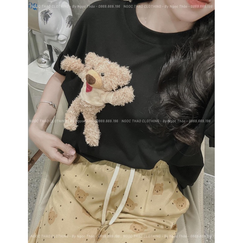 SET BỘ ÁO TRƠN ĐÍNH GẤU MIX QUẦN SUÔNG 2 MÀU