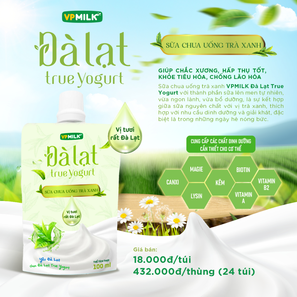 [CHỈ GIAO HỎA TỐC 2H TPHCM] Sữa chua uống dạng túi Mật Ong Hoa Cà Phê/Trà Xanh VPMilk Đà Lạt True Yogurt túi 100ml