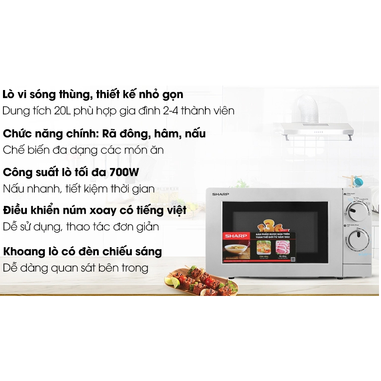 Lò vi sóng Sharp R-207VN-SL 20 lít, không nướng, mặt bạc, chính hãng, bảo hành 12 tháng