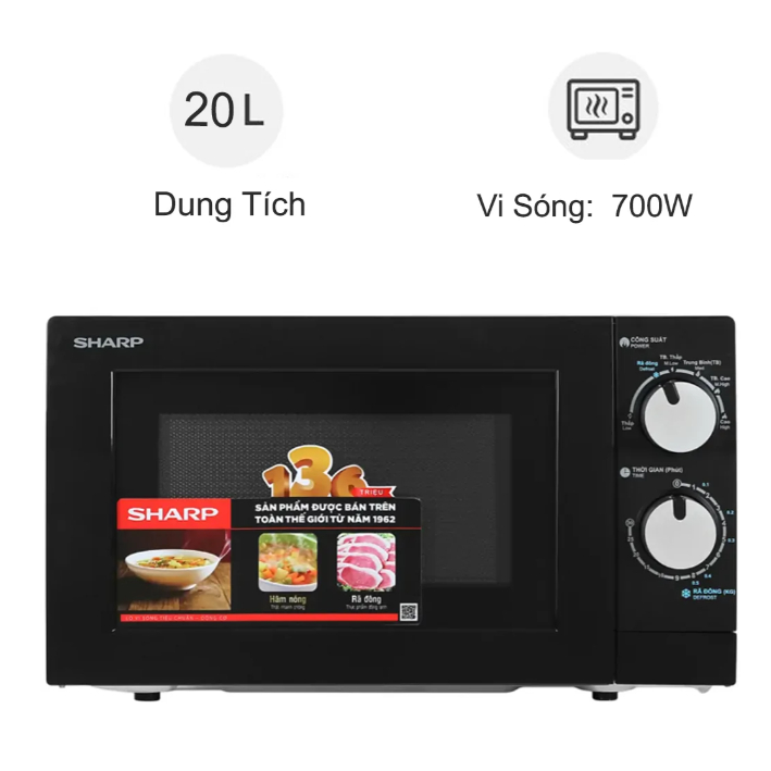 Lò vi sóng Sharp R-208VN-WS 20 lít, không nướng, mặt đen, chính hãng, bảo hành 12 tháng