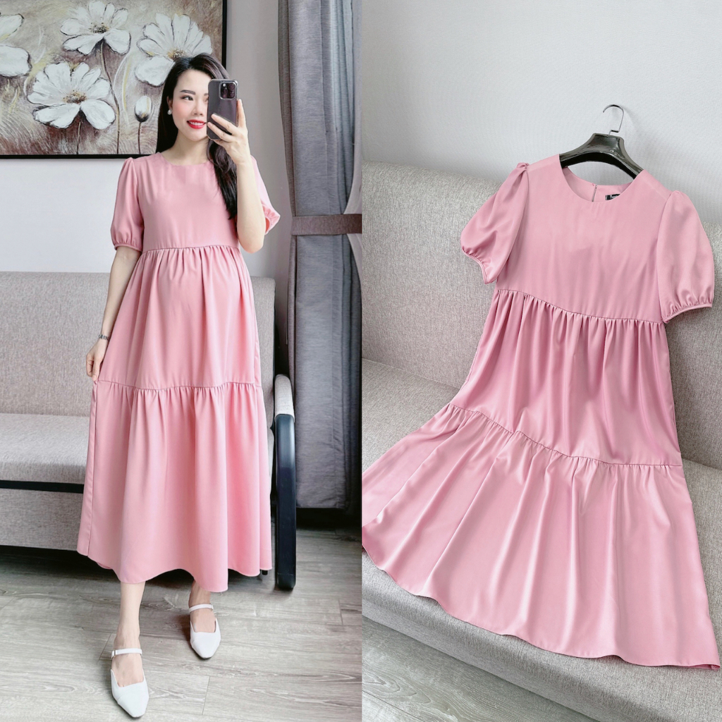 Váy bầu lụa hồng phấn bbdoll