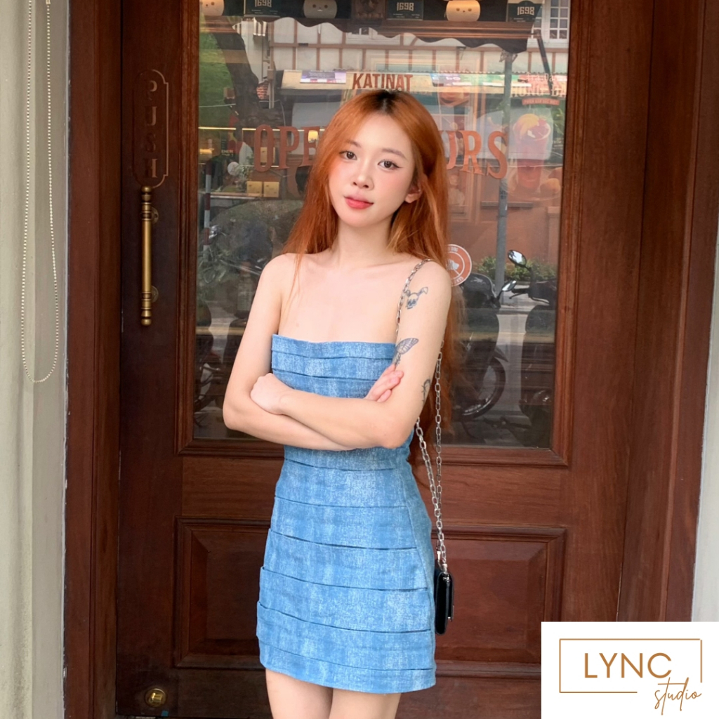Đầm cúp ngực body LYNC studio váy cúp ngực denim xếp ly dáng ngắn mặc siêu tôn dáng sexy hàng QC cao cấp