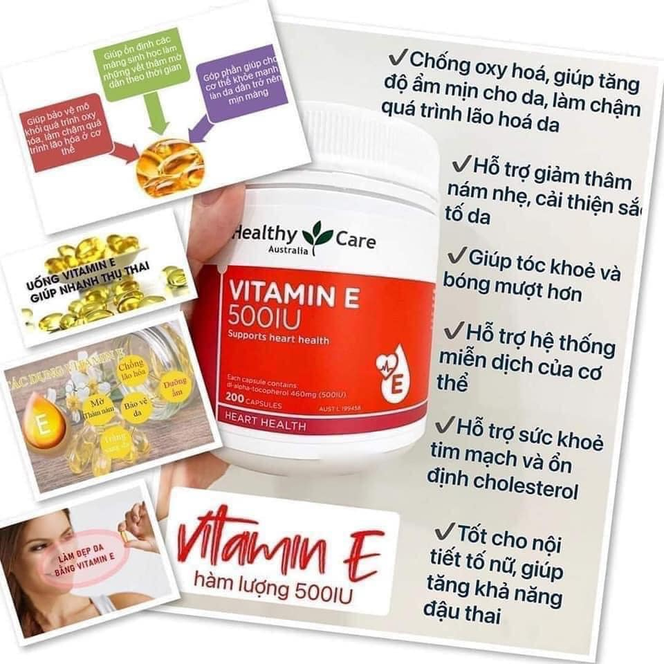 Vitamin E HÀNG ÚC Healthy Care 500IU hộp 200 viên- viên uống đẹp da, hỗ trợ sức khỏe tim mạch...