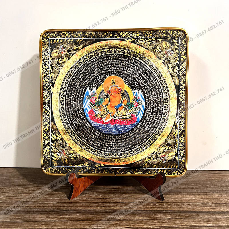 Tranh Hoàng Thần Tài để bàn 17x17cm chân gỗ, mặt mica viền vàng đồng đẹp mắt