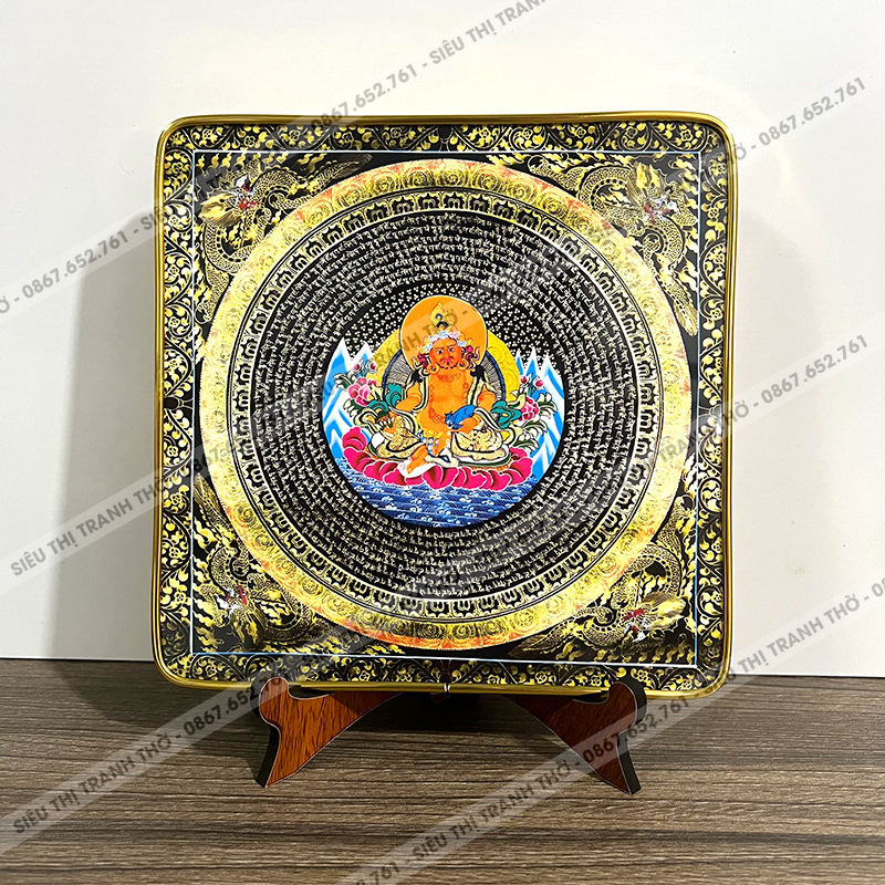 Tranh Hoàng Thần Tài để bàn 17x17cm chân gỗ, mặt mica viền vàng đồng đẹp mắt