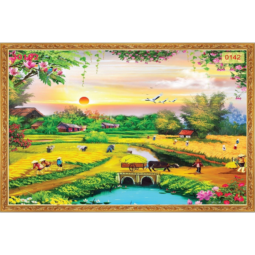 Tranh lụa 3D phong cảnh Đồng Quê dán tường [ Keo tặng kèm]