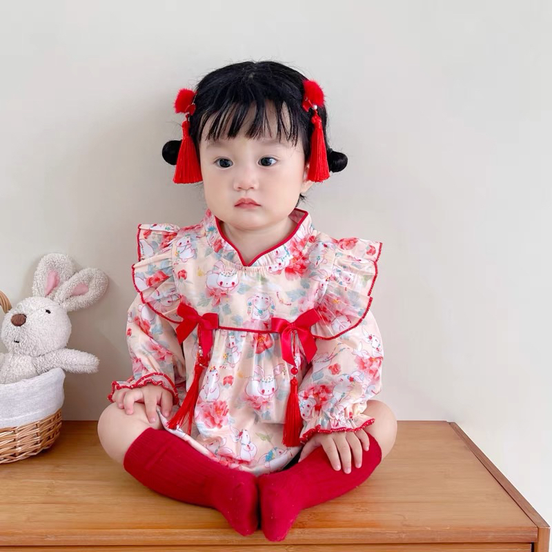 Body liền thân Tay Dài In Hoa Phong Cách Trung Hoa Mới Mùa Thu 2023 Cho Bé Gái