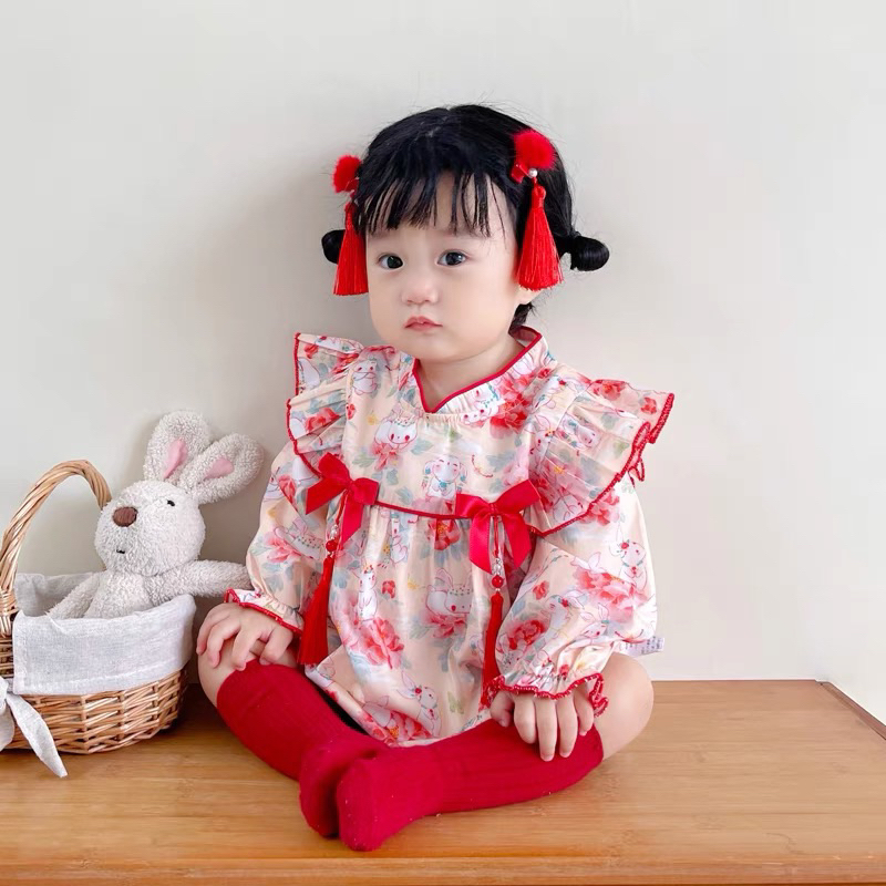 Body liền thân Tay Dài In Hoa Phong Cách Trung Hoa Mới Mùa Thu 2023 Cho Bé Gái