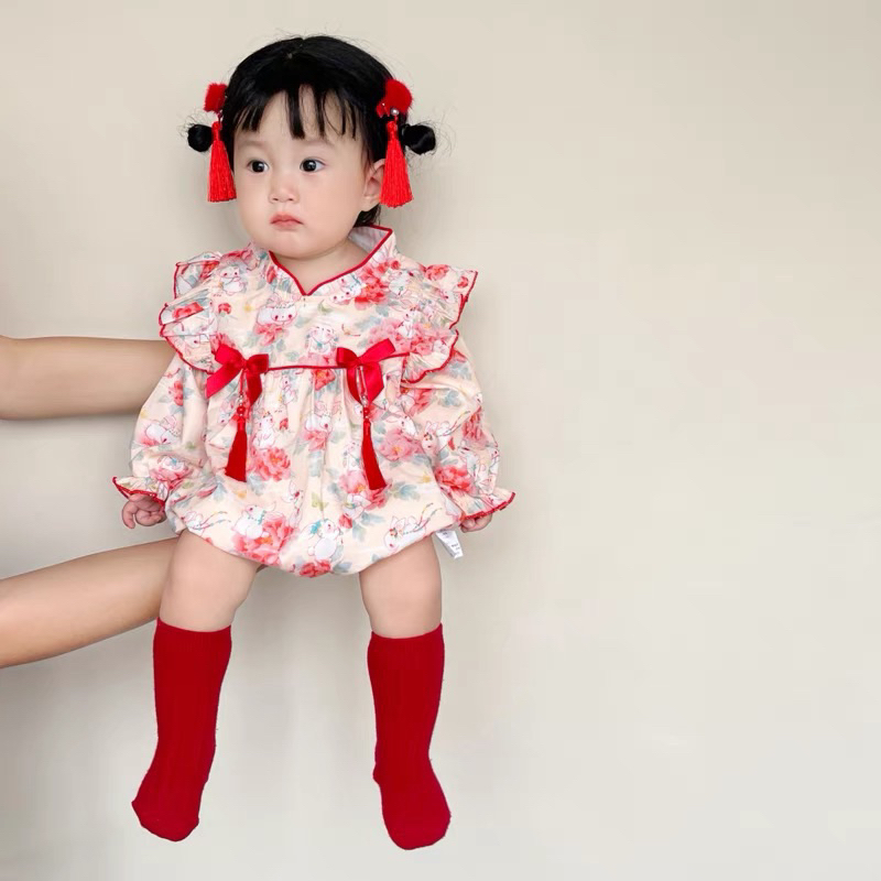 Body liền thân Tay Dài In Hoa Phong Cách Trung Hoa Mới Mùa Thu 2023 Cho Bé Gái