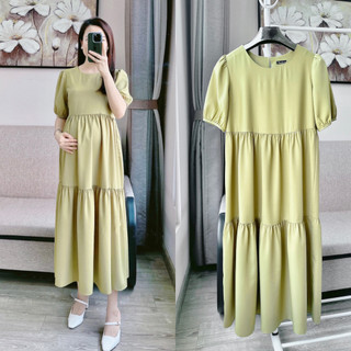 Váy bầu lụa xanh bơ dáng bbdoll