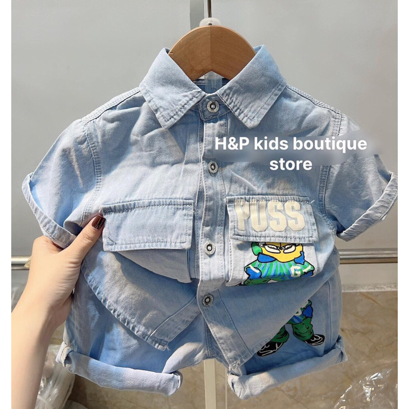 Set quần áo bò bé trai 8–20kg, bo quần lửng áo sơ mi jean quảng Châu bé trai