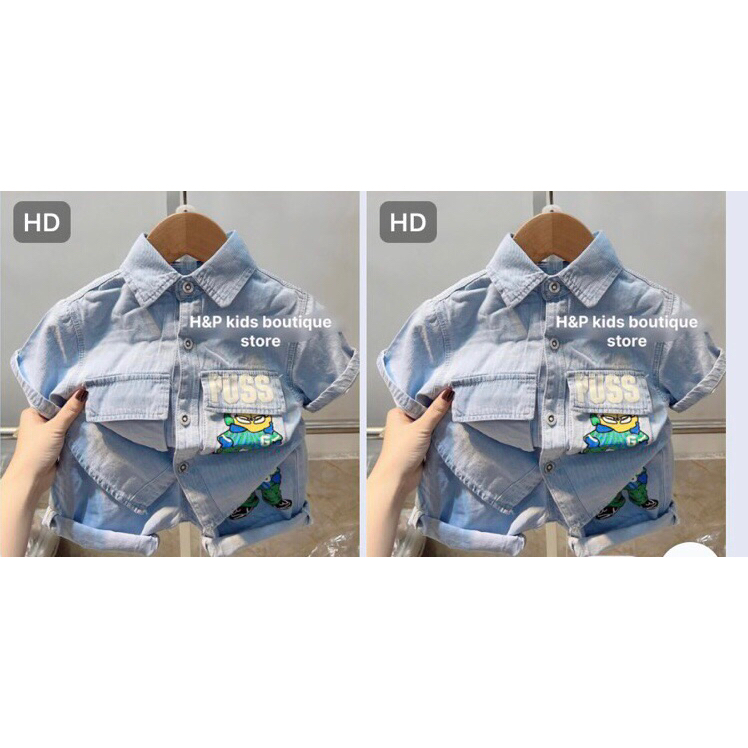 Set quần áo bò bé trai 8–20kg, bo quần lửng áo sơ mi jean quảng Châu bé trai