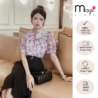Áo sơ mi hoa thiết kế công sở thêu hoa hướng dương màu tím Maysi
