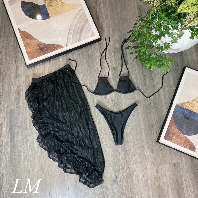 Bikini 3 Mảnh Váy Voan Bồng Bềnh xẻ Tà Xuyên Thấu Sexy