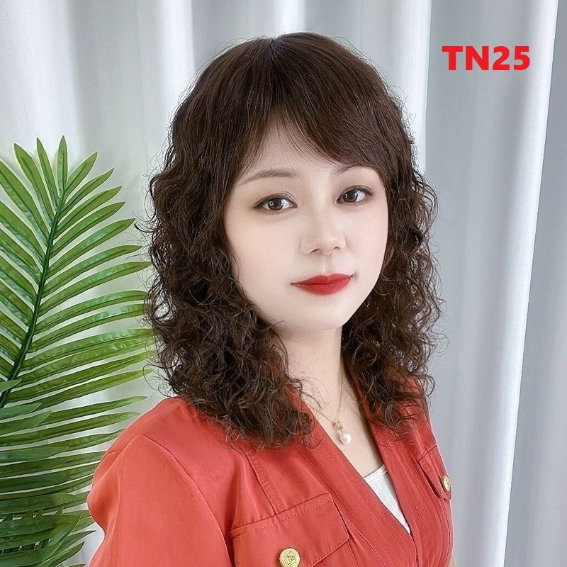 Tóc giả nữ xoăn trung niên TN25, tặng lưới chụp