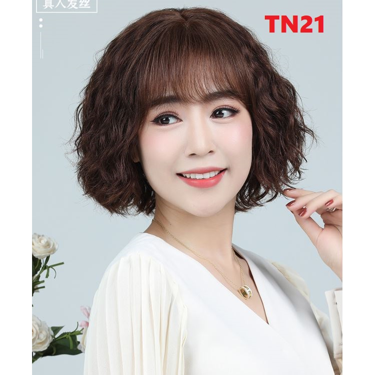 Tóc giả nữ xoăn trung niên TN21, tặng lưới chụp