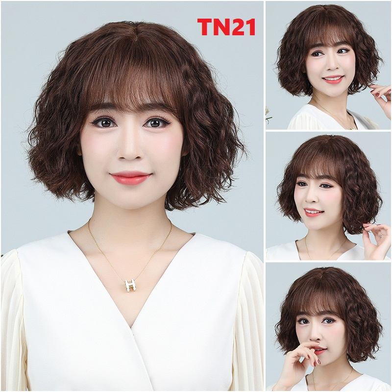 Tóc giả nữ xoăn trung niên TN21, tặng lưới chụp