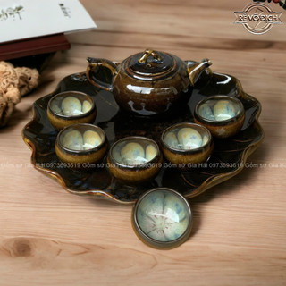 Bộ ấm chén sứ ấm trà men hổ phách dáng tre hoả biến bát tràng làm quà tặng cao cấp kèm khay tròn
