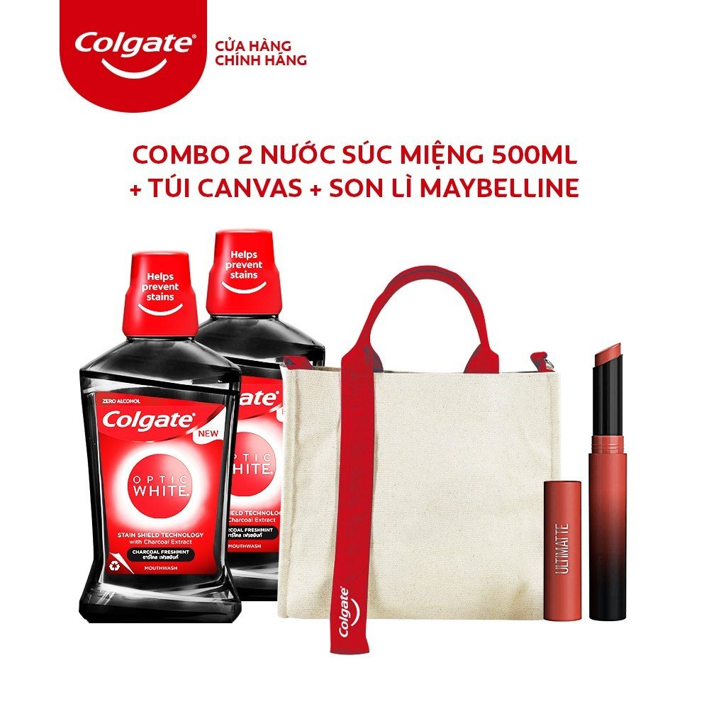 [HB Gift] Combo 2 nước súc miệng Colgate Optic White 500ml, Túi Canvas và son lì Maybelline 1.7g