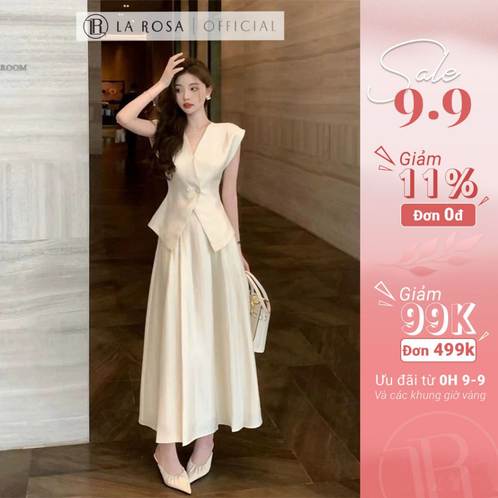 Set Đồ Tiểu Thư Áo Sơ Mi Cổ V Phối Chân Váy Xoè Dài LAROSA Chất Trượt Nhật Cao Cấp Mềm Mát, Thanh Lịch, Sang Trọng S340