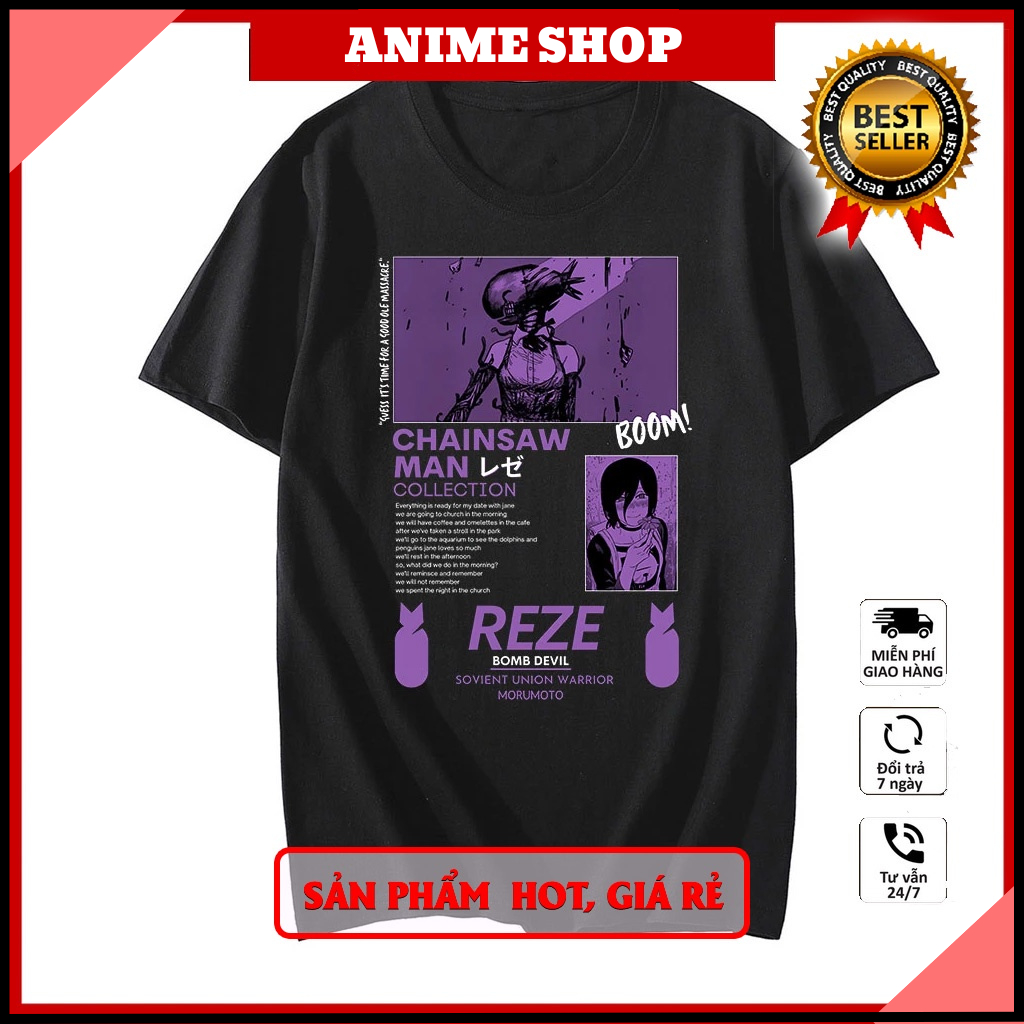 Áo Thun Chainsaw Man, Áo Anime Pochita, Makima, Denji hình in cực ngầu, Chất liệu cotton co dãn thoáng mát