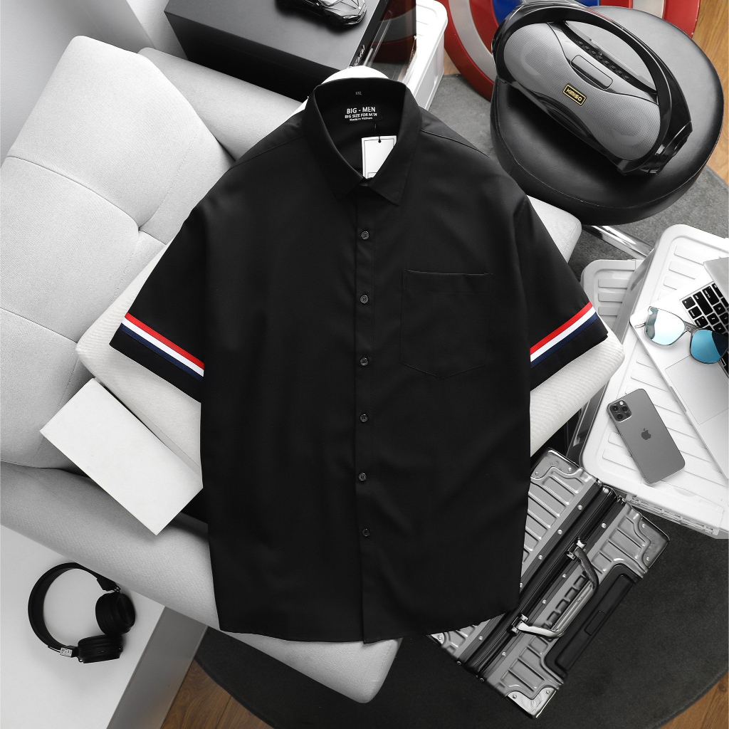Big size - Áo sơ mi tay ngắn có túi phối dây đai ngang tay big size <130kg