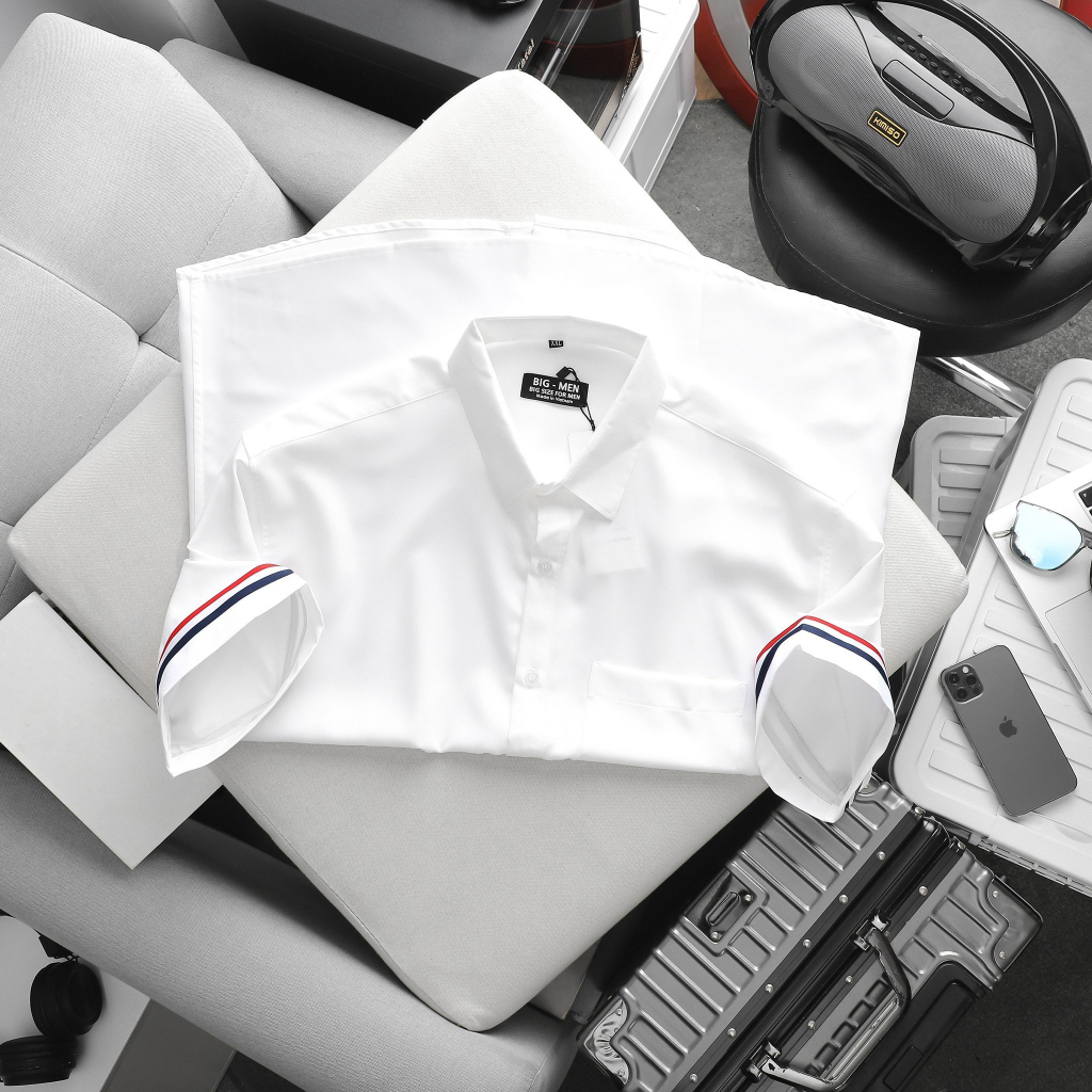 Big size - Áo sơ mi tay ngắn có túi phối dây đai ngang tay big size <130kg