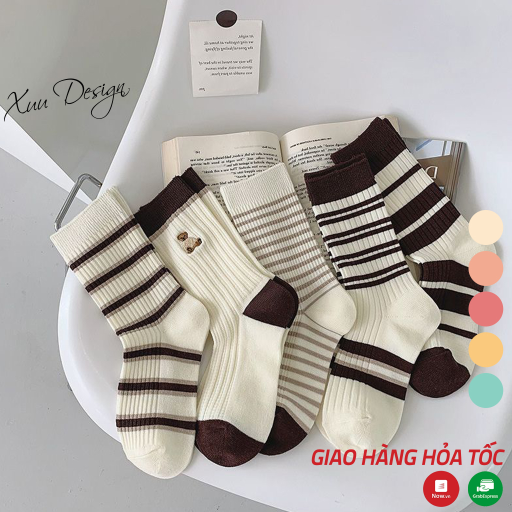 Tất nữ cổ cao XUU vải cotton gân tăm họa tiết kẻ ngang basic co dãn màu sắc Vintage phong cách năng động trẻ trung - T21