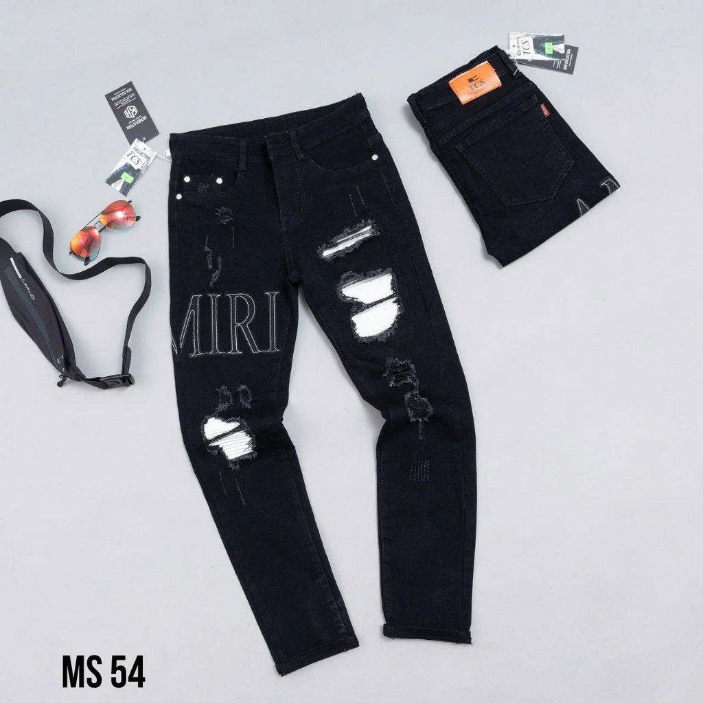 Quần jean nam đen I.CONN rách gối chất bò co giãn cao cấp AHFASHION