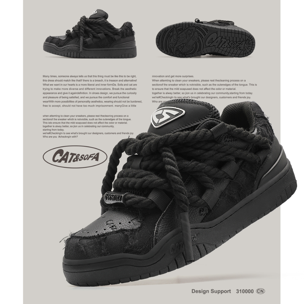 Giày Cat & Sofa Chính Hãng - Giày Nam, Giày Nữ Sneaker Cat&Sofa Black Destroyed Lace Phong Cách Đường Phố AC306