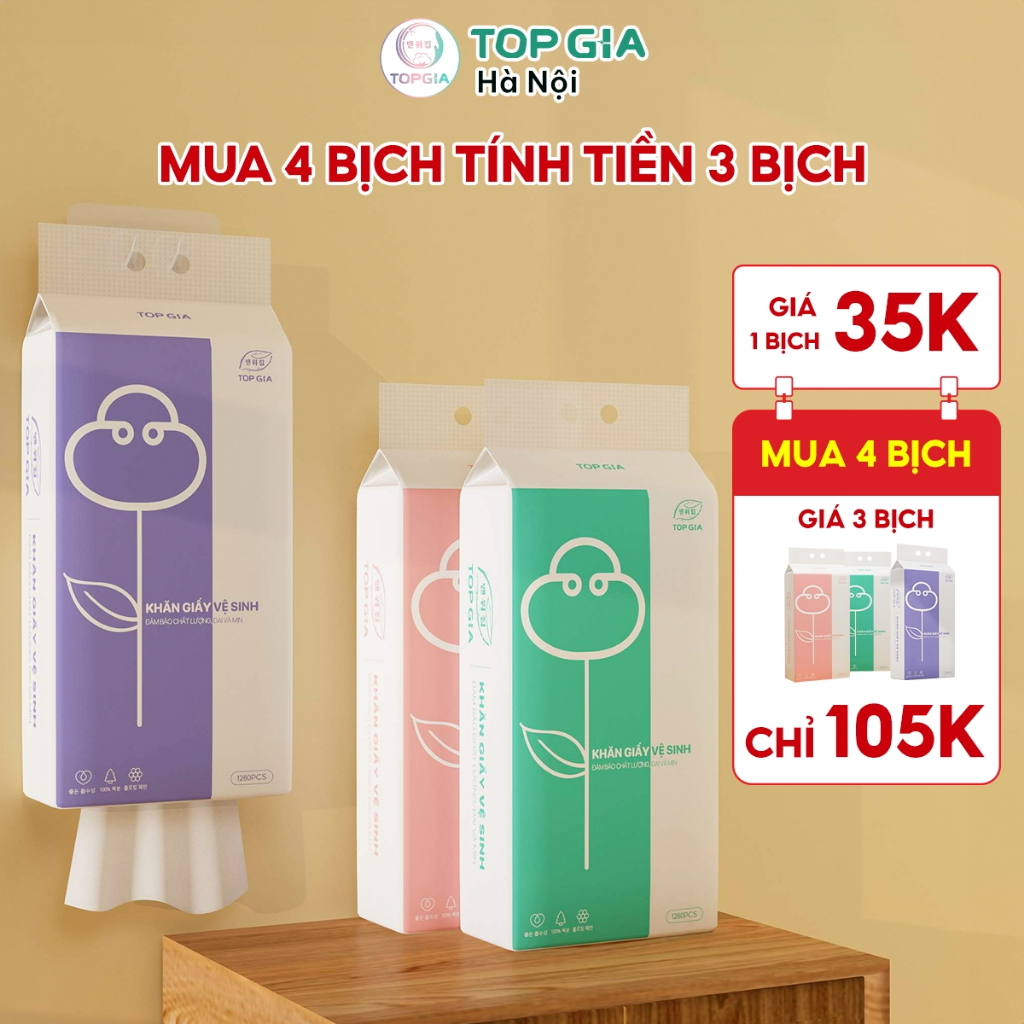 Khăn giấy vệ sinh Top Gia 3 màu, giấy vệ sinh 1280 tờ treo tường tiện lợi, siêu dai và mềm mịn