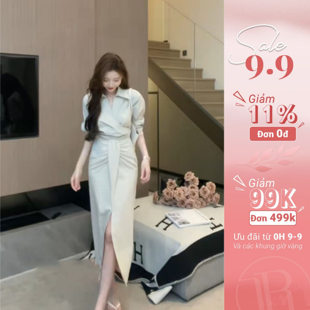 Set Váy Công Sở Cao Cấp LAROSA, Thiết Kế Áo Sơ Mi Tay Lỡ Và Chân Váy Dài Xếp Ly Eo, Xẻ Tà Thanh Lịch, Tiểu Thư S294