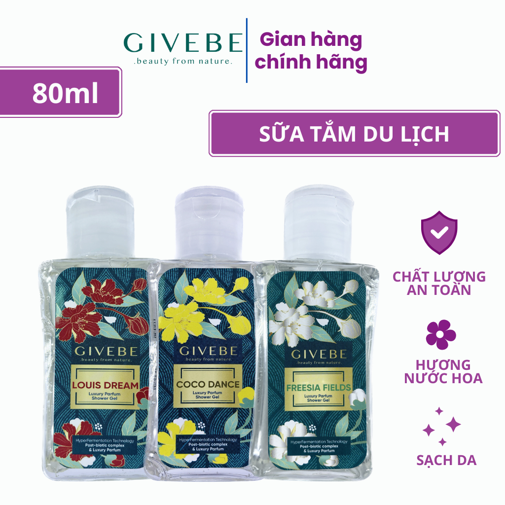 Sữa tắm GIVEBE Luxury 80ml du lịch, hương nước hoa cao cấp, chiết xuất mầm yến mạch oganic