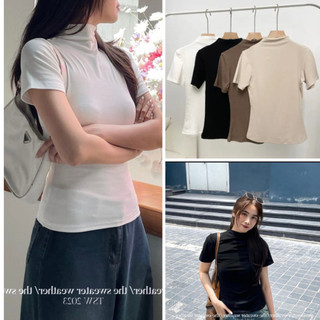 Áo thun nữ tay ngắn trơn cổ cao dáng ôm body, áo kiểu nữ trơn vải thun zip cổ leo nhiều màu phong cách dịu dàng nữ tính