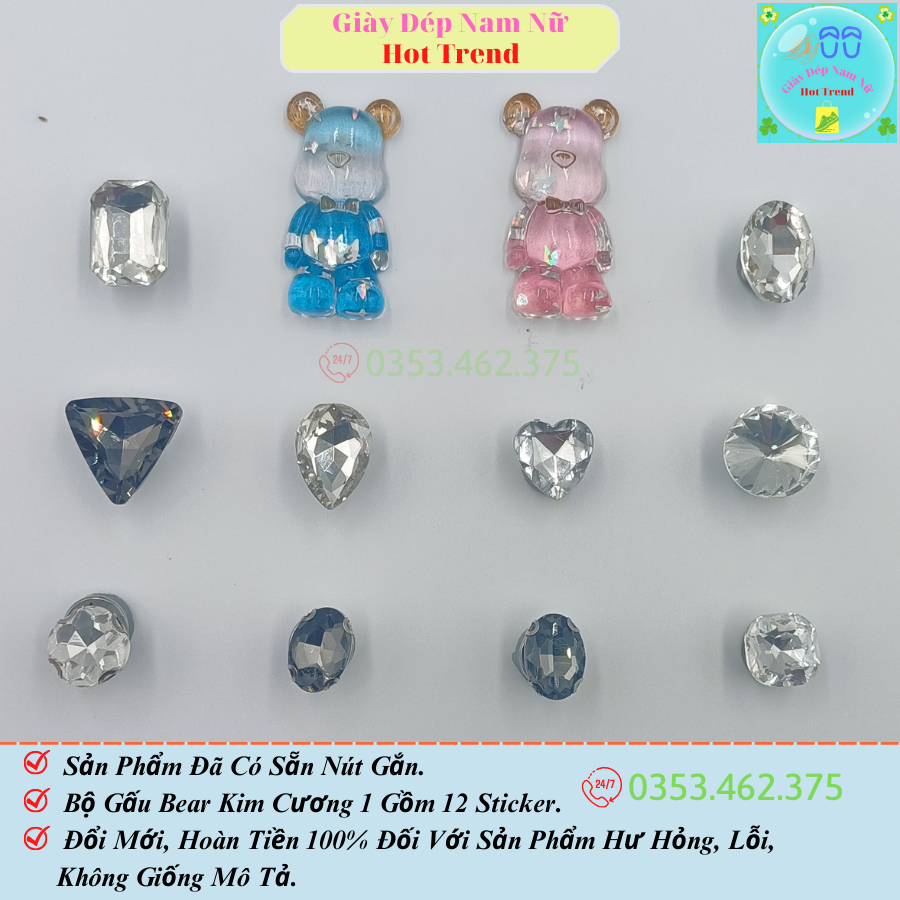 Set Charm Jibbitz Sticker 3D Gấu Ngọc Trắng Phụ Kiện Trang Trí Dép Crocs Mẫu Mới Dễ Thương Gắn Sục Cross Có Sẵn Nút Gắn