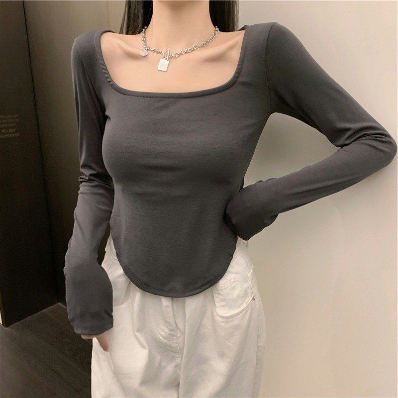 Áo thun tay dài áo croptop tay dài cổ vuông đuôi tôm ôm body kiểu nữ vải cotton co dãn phong cách Hàn Quốc Nanashop