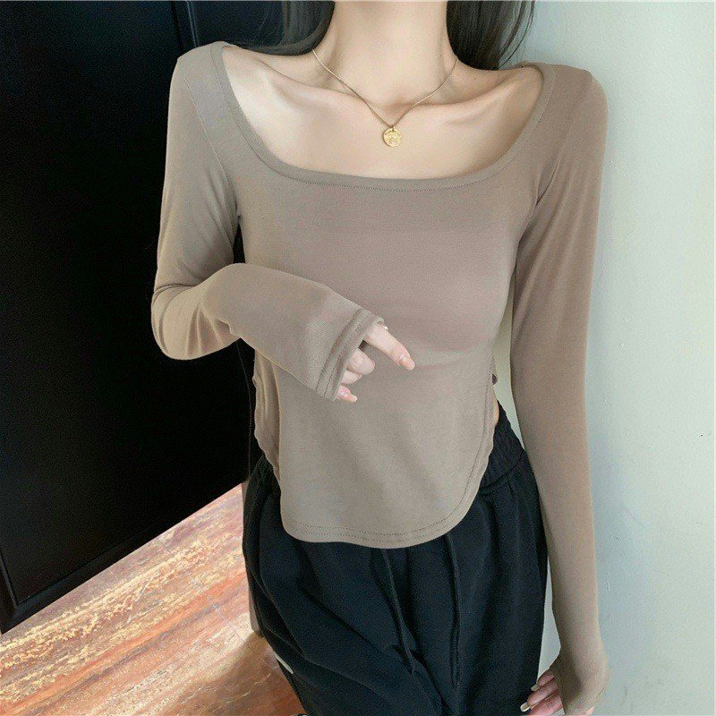 Áo thun tay dài áo croptop tay dài cổ vuông đuôi tôm ôm body kiểu nữ vải cotton co dãn phong cách Hàn Quốc Nanashop