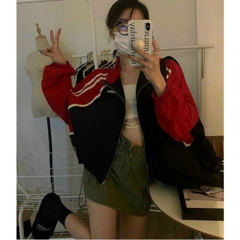 Áo khoát dù croptop cổ cao phối viền, áo dù nữ from cánh dơi tay phối màu có dây rút lai 1 màu tôn da