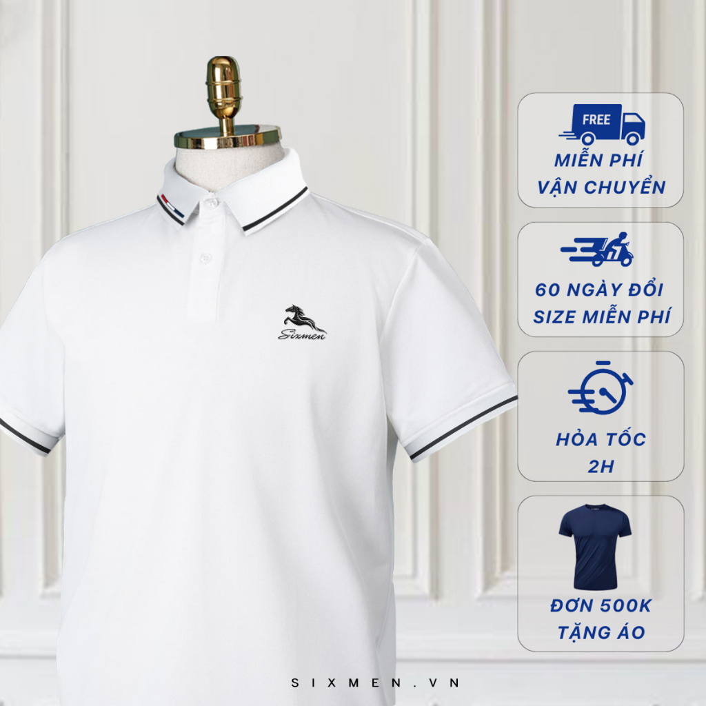 Áo Polo nam cao cấp Thêu  SIXMEN Mã Đáo Thành Công - polo vải cá sấu cotton CVC Feelmax premium