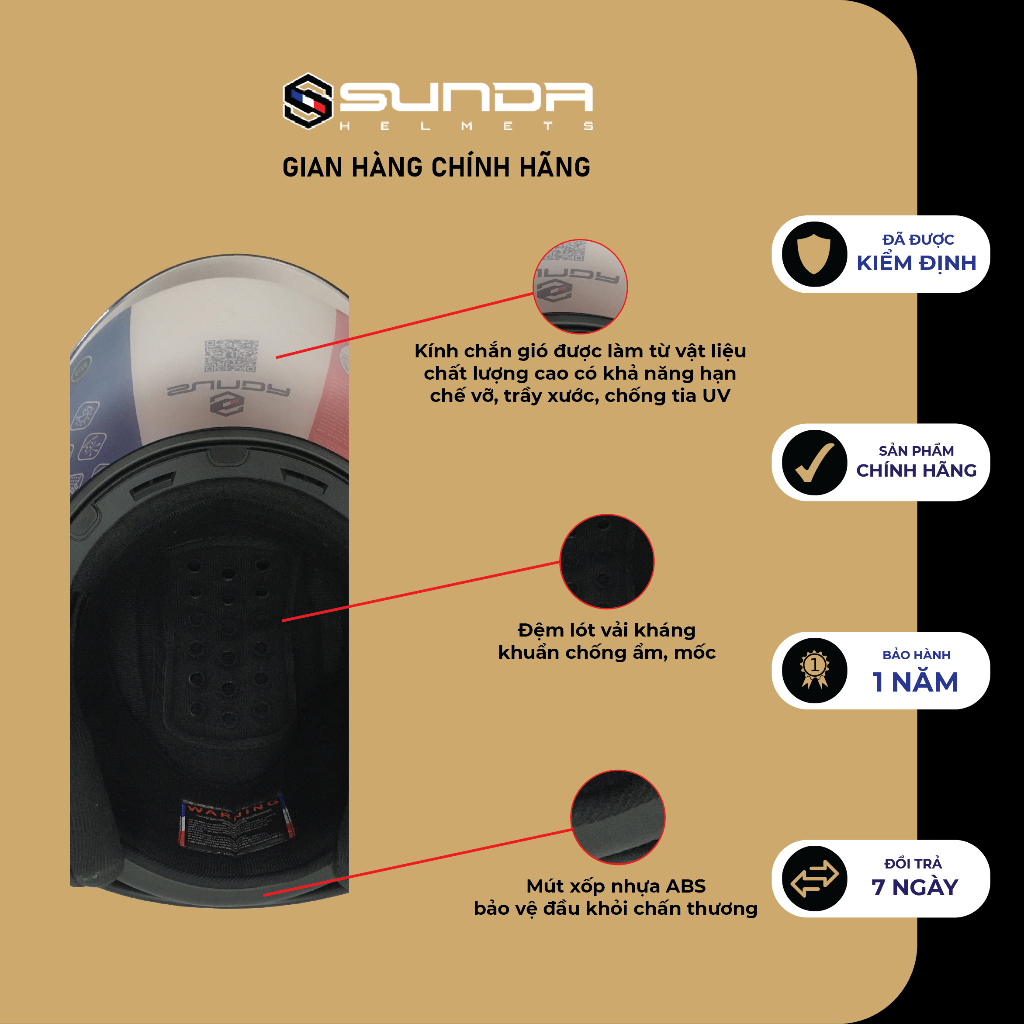 Nón bảo hiểm 3/4 đầu chính hãng SUNDA 228