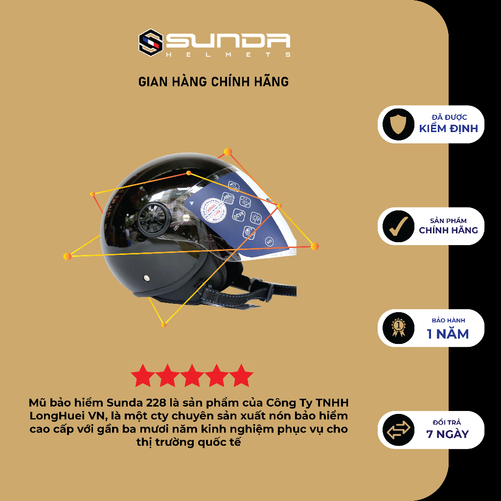 Nón bảo hiểm 3/4 đầu chính hãng SUNDA 228