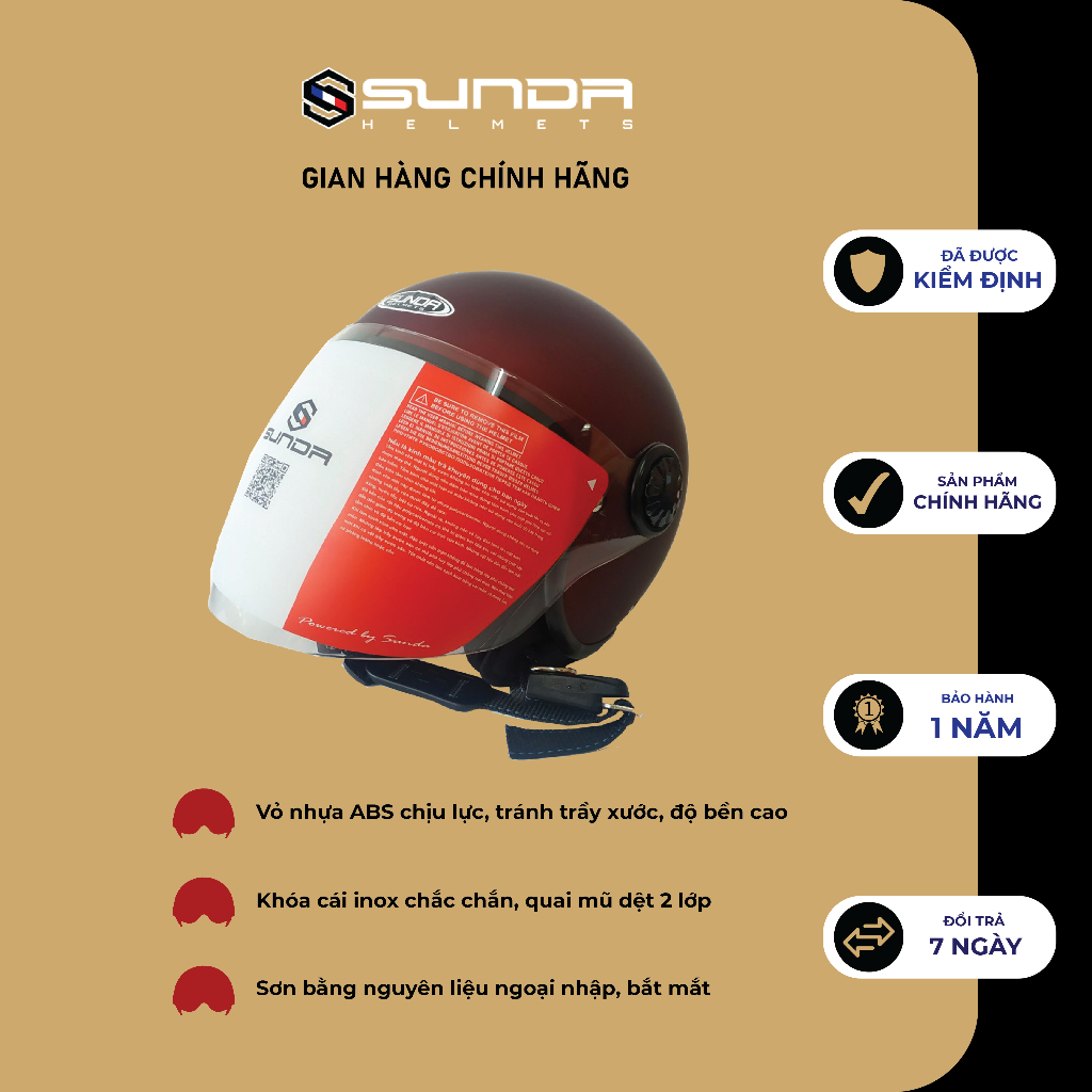 Nón bảo hiểm 3/4 đầu chính hãng SUNDA 228
