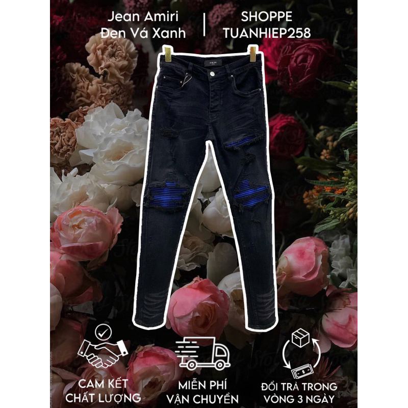 ⚡️[Hight Quality] - Quần Bò Amiri - Jean Amiri Đen Vá Xanh ( Vá Da ) Dáng Biker - Hàng Loại 1 Chất Liệu Jean Cao Cấp