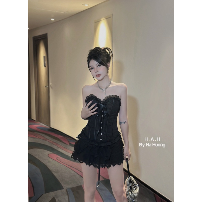 Set áo quây viền bèo chân váy ren tầng thiết kế siêu xinh