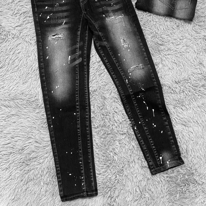 Quần bò jean nam dài đen rách gối vẩy sơn cá tính đẹp,chất jean co giãn thoải mái được kiểm hàng