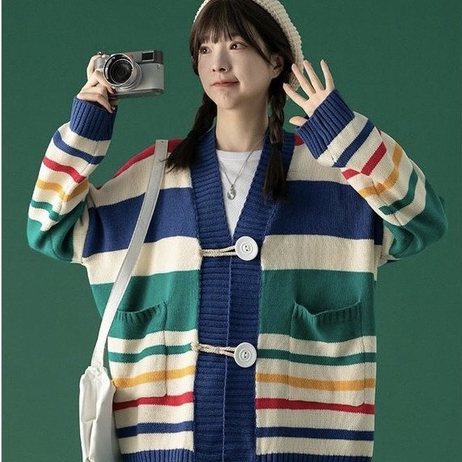 Áo khoác len cardigan mềm mịn sọc ngang cầu vồng dáng rộng Sereinclothing.st2w dành cho nữ
