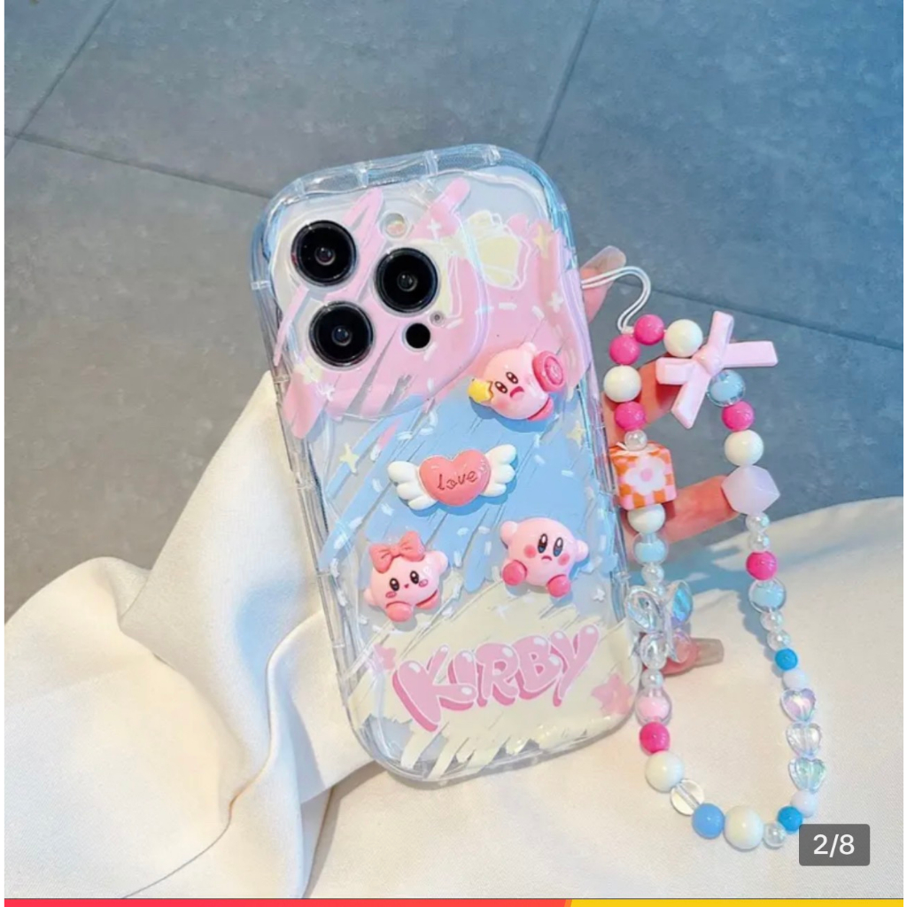 Ốp lưng i phone viền sóng đính charm nổi hình kirby Hồng 7plus 8plus x xsmax 11 11promax 12 promax 13 13promax 14promax