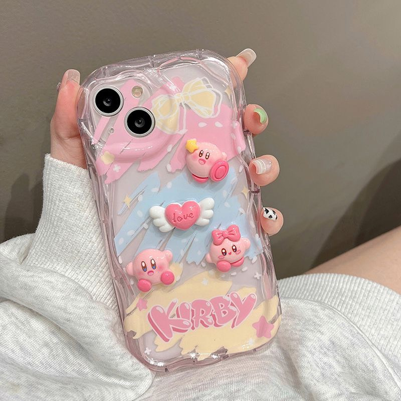 Ốp lưng i phone viền sóng đính charm nổi hình kirby Hồng 7plus 8plus x xsmax 11 11promax 12 promax 13 13promax 14promax