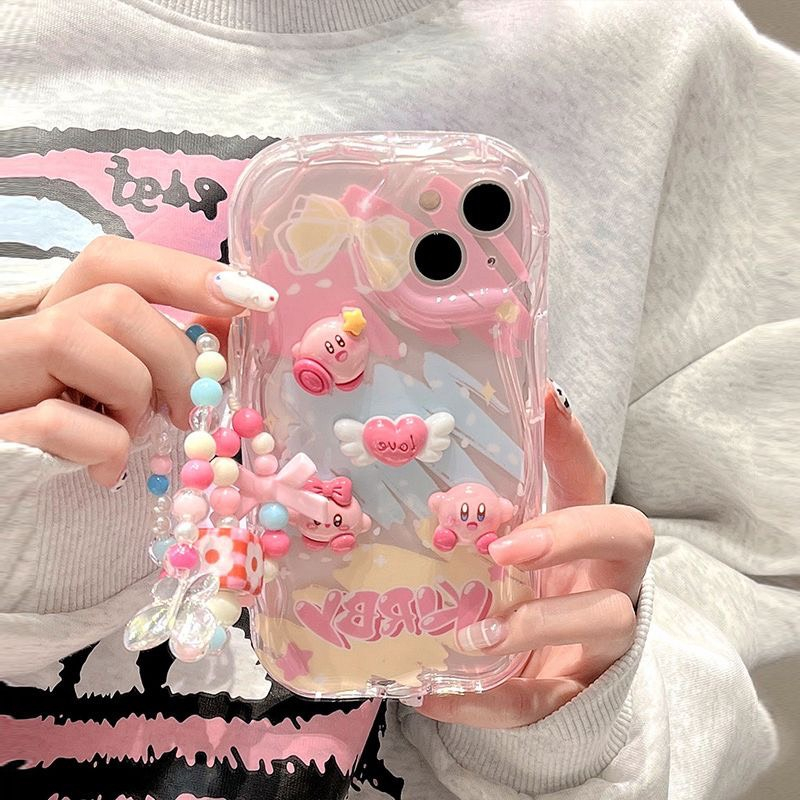 Ốp lưng i phone viền sóng đính charm nổi hình kirby Hồng 7plus 8plus x xsmax 11 11promax 12 promax 13 13promax 14promax